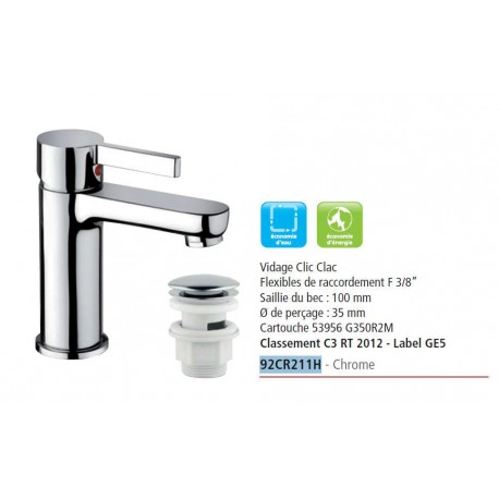 Mitigeur Lavabo avec Vidage Clic Clac E0 - C3 - A2 - U3 / Label GE5 de Paini France